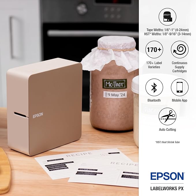 LABELWORKS Epson LW-C610PX Premium Portable Bluetooth Label Machine Printer – Create Sticker Labels for Organization, Small Business, Designer Tape Supported, App Compatible