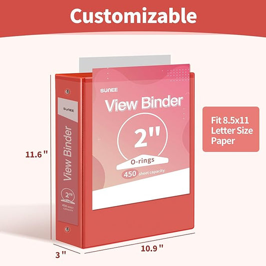 SUNEE 3 Ring Binder 2 Inch 1 Pack, Clear View Three Ring PVC-Free (Fit 8.5x11 Inches) for School or Office Supplies, Red