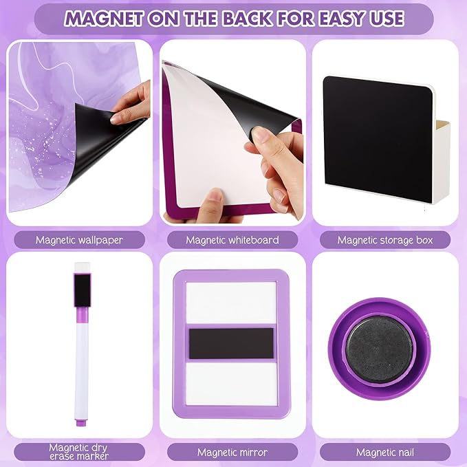 Timgle 8 Pcs Magnetic Locker Set Including Magnetic Wallpaper Mirror Locker Organizer Carpet Whiteboard Dry Erase Marker Accessories for Office School Supplies(Purple,Marble Pattern)