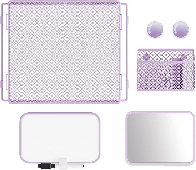 Locker Accessories with Locker Shelf, Magnetic Mirror, Magnetic Pen Holder, Magnetic Small Whiteboard, Back to School Essentials Locker Decorations, 7 Piece Locker Organizer for Work, Purple