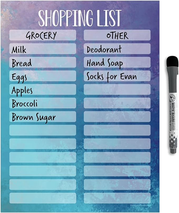 Dry Erase Shopping List Vinyl Sticker Decal Whiteboard by Glassboard Studio | Removable & Reusable | Magnetic Fine-Tip Marker Included (9 x 12 inches, Watercolor)
