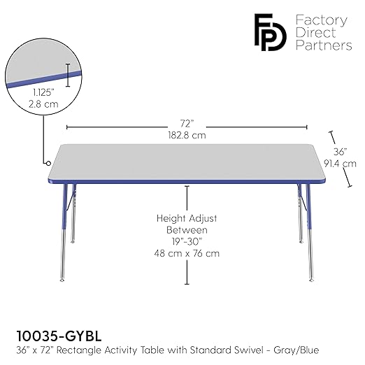 FDP Rectangle Activity School and Office Table (36 x 72 inch), Standard Legs with Swivel Glides, Adjustable Height 19-30 inches - Gray Top and Blue Edge