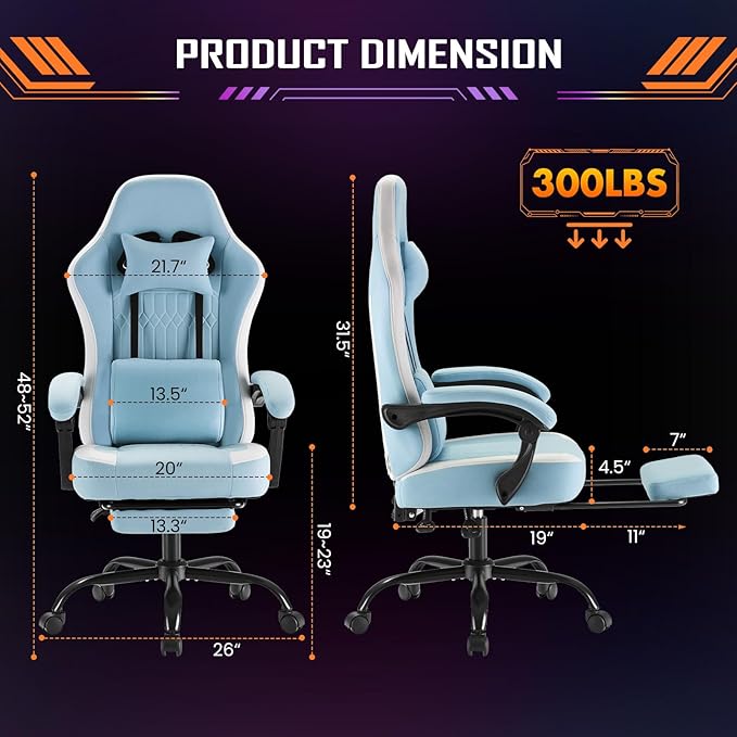 Sweetcrispy Computer Gaming Chair - High Back Ergonomic Desk Chair with Footrest and Lumbar Support, Height Adjustable Task Chair with Linkage Armrests and Headrest, 360° Swivel Wheels, Blue