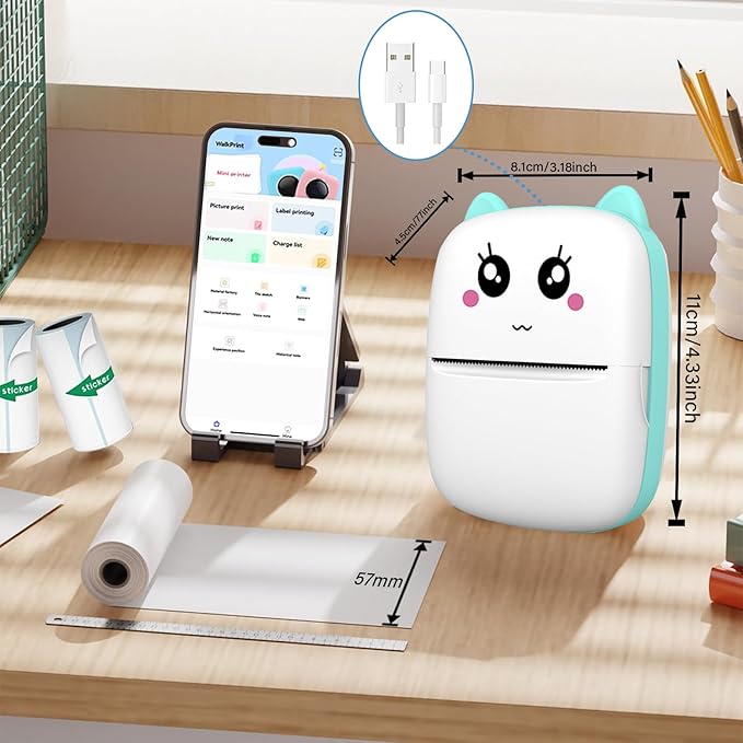 Mini Sticker Printer, Pocket Thermal Sticker Printer Machine, Thermal Bluetooth Sticker Maker with 11 Rolls Paper, Portable Receipt foe Study Notes, Memo, List, Work Plan, Gift (Blue)
