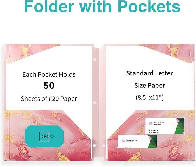 Binditek 6 Pack Heavyduty Plastic Folders with Pockets, Waterproof 2-Pocket File Folders with Card Slots, 6 Decorative Marble Color Designs, 3-Hole Punched for Letter Size