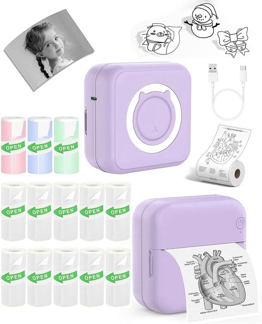 Mini Thermal Printer with 14 Rolls Sticky Papers, Wireless Bluetooth Photo Printer, Portable Label Maker Machine with Tape, Small Compact Picture Maker for Student Kid, Purple