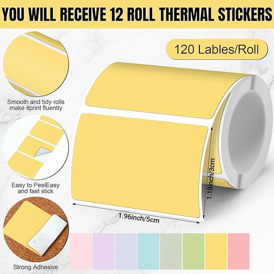 Ctosree 12 Rolls Printer Labels Adhesive Thermal Paper Waterproof Thermal Label Stickers Compatible with Phomemo M110 M221 M220 M120 M200 M110s Printer (Macaron Colors,1.18 x 1.96 Inch)