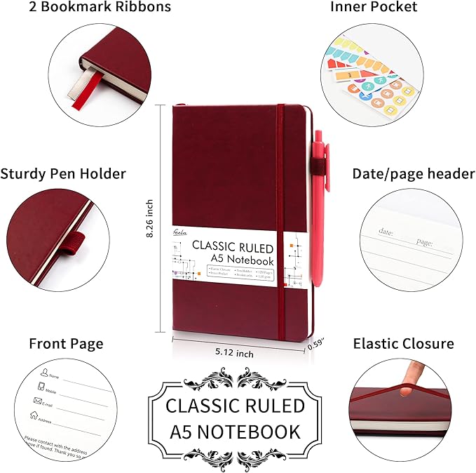 feela 24 Pack Journal Notebook for Work, Business Notebook Bulk Hardcover Lined Writing Journal with Pen Holder for Men Women Note Taking, with 24 Black Pens, 120 GSM, 5.1”x8.3”, A5, Wine