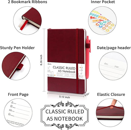 feela 24 Pack Journal Notebook for Work, Business Notebook Bulk Hardcover Lined Writing Journal with Pen Holder for Men Women Note Taking, with 24 Black Pens, 120 GSM, 5.1”x8.3”, A5, Wine