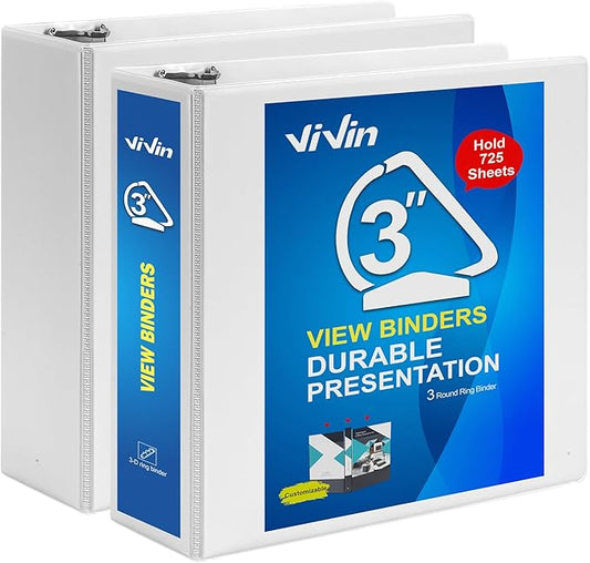 ViVin Durable 3 inch D Ring View Binder, Large 3" Slant-D Ring with 725-Sheet Capacity, Fit 8.5" x 11" Paper, 2 Pack(White)