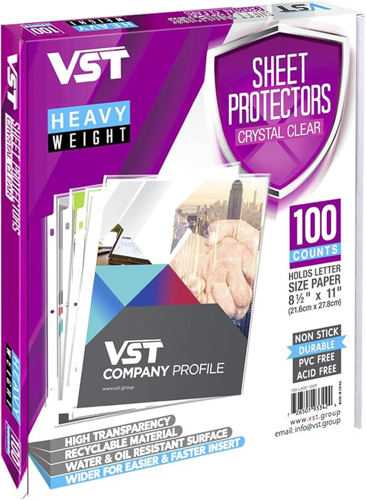 VST Heavy Duty Sheet Protectors 8.5 x 11 Inch for 3 Ring Binder, 3 Mil Crystal Clear Page Protectors, Plastic Sleeves for Binders, Top Loading Paper Protector Letter Size,100 Sheets