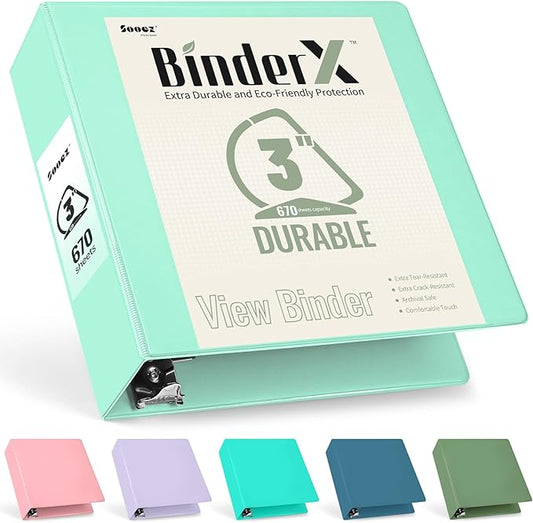 Sooez BinderX Extra Durable 3 Ring Binder, Holds 670 Sheets of 8.5x11 Paper, Customizable View Cover with Inside Pocket, Heavy Duty Binder for School, Light Green