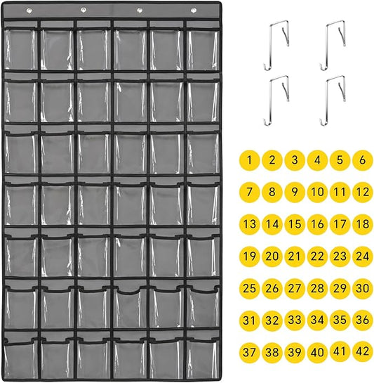 42 Pocket Classroom Pocket Chart for Cell Phones and Calculator,Clear Cellphone Pocket Chart for Classroom with Number Sticker and Hooks (Grey-42 Pockets)