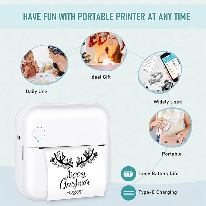 Mini Pocket Bluetooth Printer-Portable Thermal Printer with 10 Roll Papers for Journal/DIY Scrapbook/Travel/Notes/Lists/Label/Memo for Children Women Gifts Kids Christmas