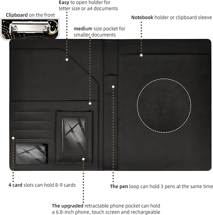 Ospelelf Clipboard Folio with Notepad and Pocket Leather Storage Clipboard Binder Padfolio for Women