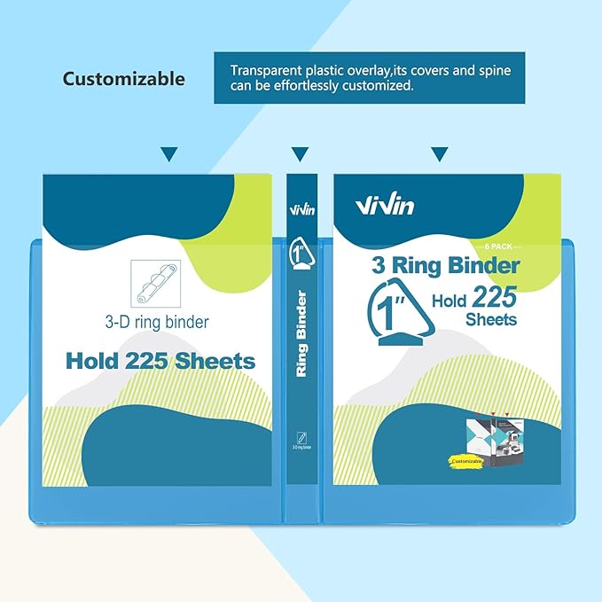 ViVin Sturdy 1 Inch D Ring Binders, 3 Ring Binders with 2 Pockets, Hold 225 Sheets of US Letter Size Paper for Office,Home,School, 6 Pack (Light Blue)