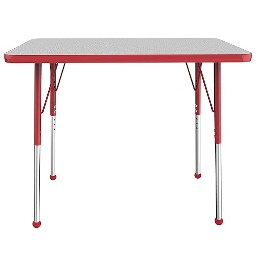 Factory Direct Partners FDP Rectangle Activity School and Office Table (24 x 36 inch), Standard Legs with Ball Glides, Adjustable Height 19-30 inches - Gray Top and Red Edge