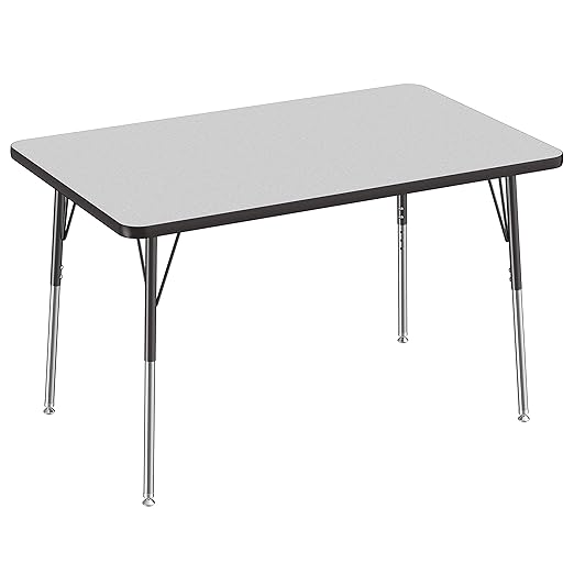 FDP Rectangle Activity School and Office Table (30 x 48 inch), Standard Legs with Swivel Glides, Adjustable Height 19-30 inches - Gray Top and Black Edge
