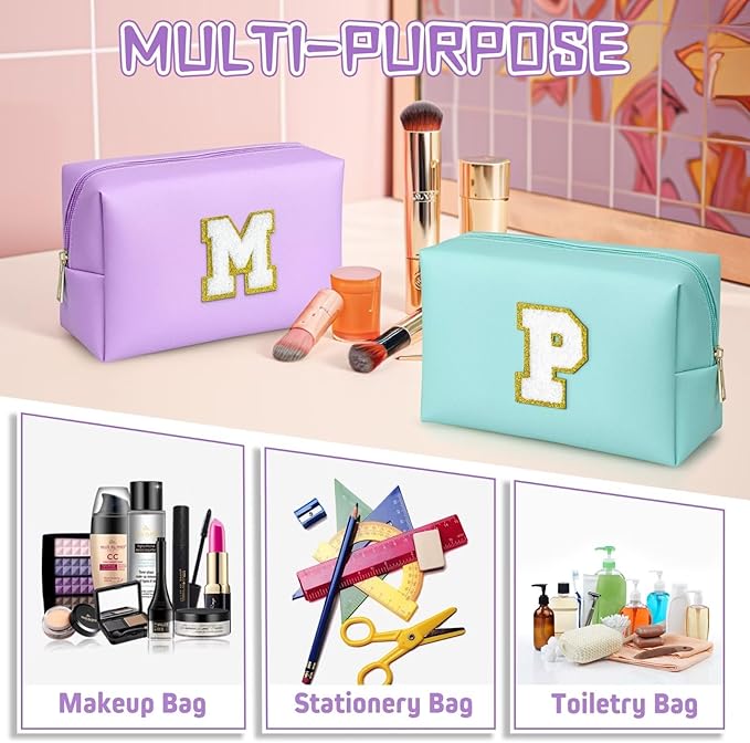 TOPEAST Preppy Makeup Bag, Cute Makeup Pouch PU Leather Waterproof Cosmetic Bag, Personalized Birthday Gifts for Mom Teacher Friends Bridesmaids Nurse, Trendy Stuff for Girls (Purple I)