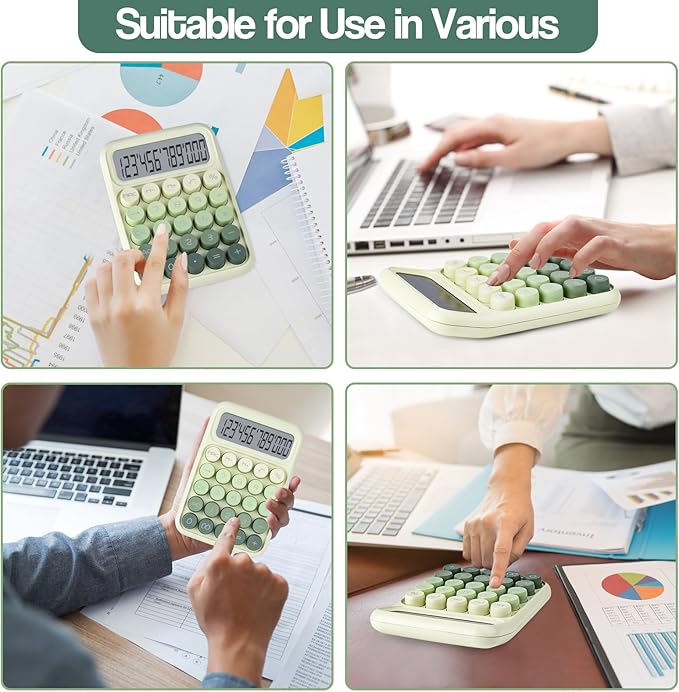 Mechanical Pushbutton Calculator,12 Digit Large LCD Display,Big Buttons Easy to Press,Colorful Candy Calculator,Automatic Sleep,with Battery.for Office,School, Home. (Green)