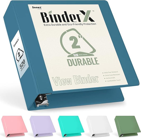 Sooez BinderX Extra Durable 2 Inch 3-Ring Binder, Holds 520 Sheets of 8.5x11 Paper, Customizable View Cover with Inside Pockets, Heavy Duty Binder for School, Grey Blue