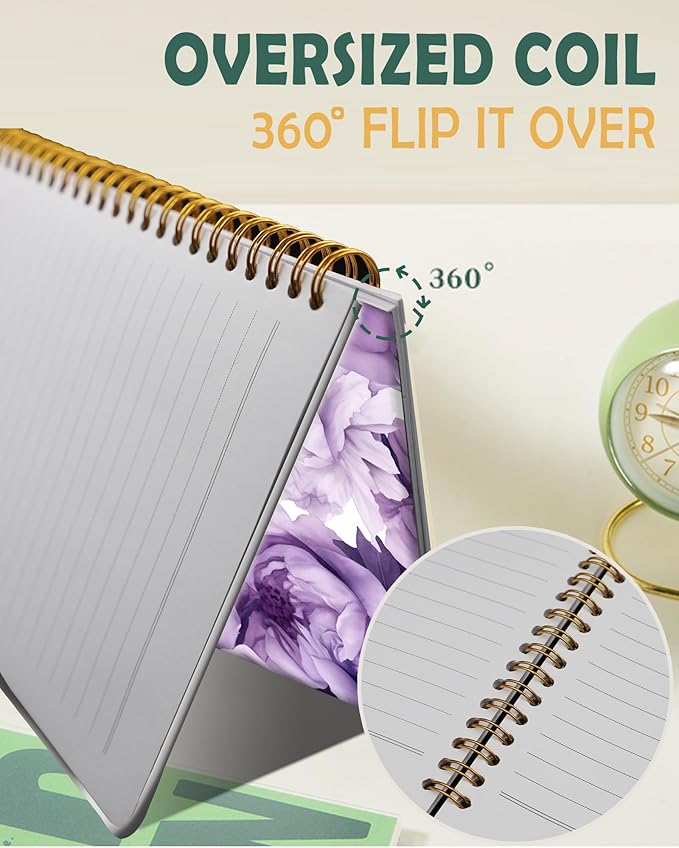 Ruled Spiral Writing Notebook,A5 Hardcover Lined College Journal for Women Lady Girl,Strong Twin-Wire Binding with Premium Paper,8.4" X 6",Perfect for School,Office,Home Gifts(purple floral)
