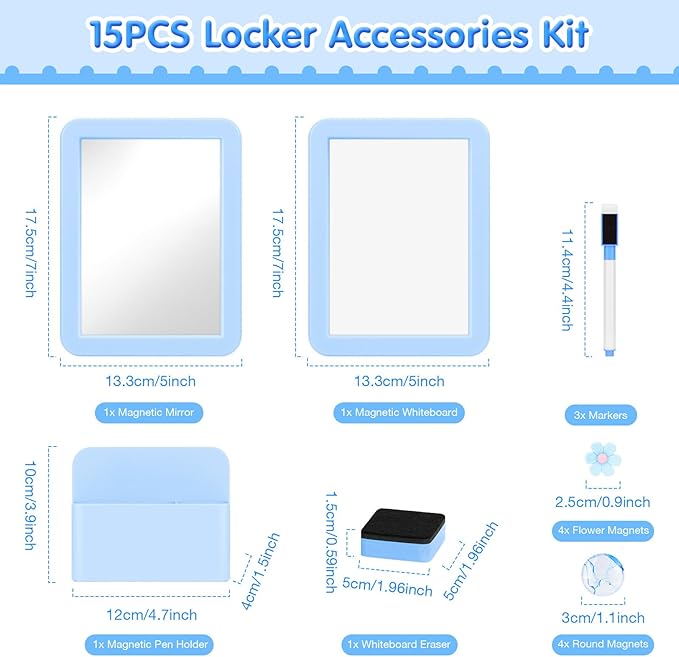 MoKo Locker Accessories Set, 15PCS Back to School Supplies Includes Magnetic Mirror, Whiteboard, Markers, Pen Holder, Magnets, Locker Organizer for School Office (Blue)