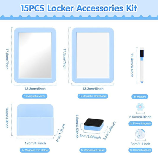 MoKo Locker Accessories Set, 15PCS Back to School Supplies Includes Magnetic Mirror, Whiteboard, Markers, Pen Holder, Magnets, Locker Organizer for School Office (Blue)