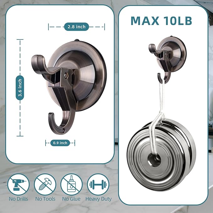 Antimbee Shower Suction Cup Hooks, 10 Pack Removable Glass Wall Holder Hook, Small Suction Utility Hook for Bathroom Kitchen Decor, Up to 11 lbs on Smooth Surface-2 Hooks Design (Vintage Copper)
