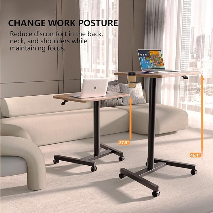 28-Inch Mobile Standing Desk Adjustable Height with Cup Holder, Portable Standing Desk with Lockable Wheels, Rolling Table for Home Office Classroom Hospital (Walnut)