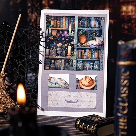 6 Rolls Dark Magic Bookcase PET Tape Set with Clip, Waterproof Gothic Scrapbook Sticker Rolls for Journaling, Bullet Diary, and Ephemera Craft Supplies