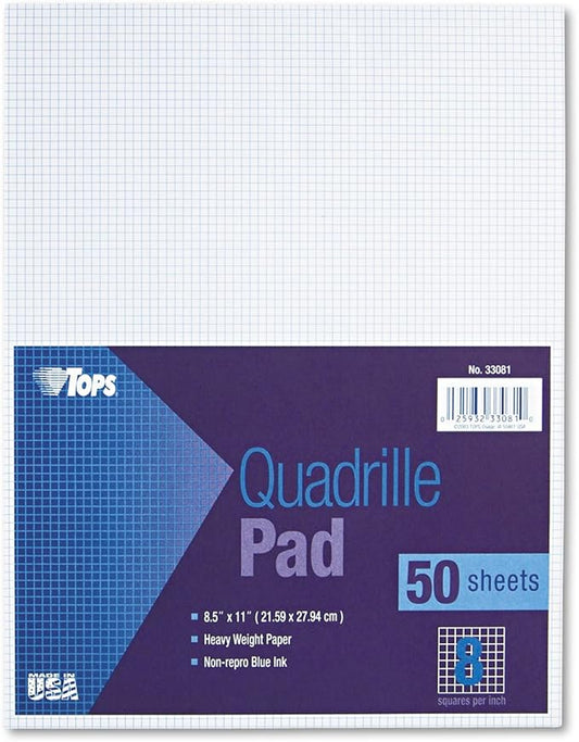 TOPS Quadrille Pad, Gum-Top, 8-1/2 x 11 Inches, Quad Rule , White Paper, 50 Sheets per Pad (33081)