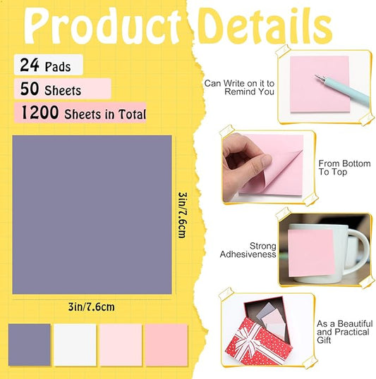 Fainne 24 Pack Sticky Notes Bulk Back to School Supplies Self Stick Note Pads Paper Memo for Office First Day of School Student Teacher Essentials (3x3inch,Simple Color)