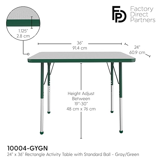 Factory Direct Partners FDP Rectangle Activity School and Office Table (24 x 36 inch), Standard Legs with Ball Glides, Adjustable Height 19-30 inches - Gray Top and Green Edge