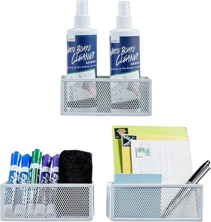 MyGift White Wire Mesh Magnetic Storage Baskets, Whiteboard Accessories, Classroom and Office Supply Organizer, Set of 3