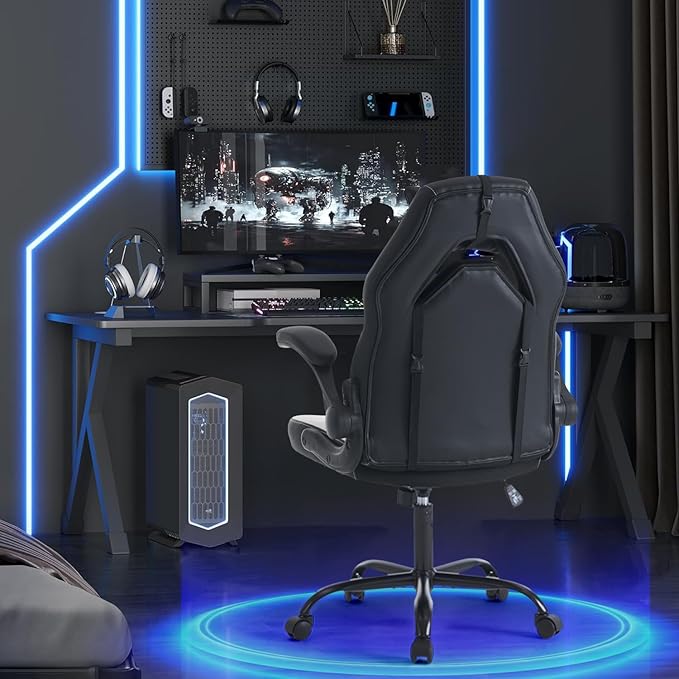 DUMOS Ergonomic Gaming Office Desk Chair with Flip-up Armrests for Adults, Height Adjustable PU Leather Video Game Computer Chair with 360° Rolling Wheels for Home and Office, Black White