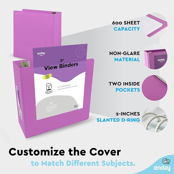 3 Slant D-Ring Binder 3 Inch Purple, 3 in Clear View Cover with 2 Inside Pockets Binder, Heavy Duty Colored School Supplies Binders,Also Available in Green, Grey, Red, Blue, Pink (24 PC) – by Enday