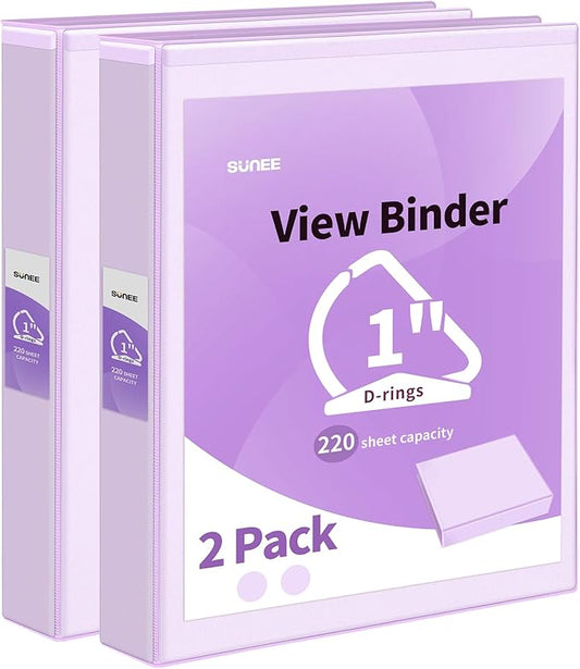 SUNEE 3 Ring Binder 1 Inch D Ring, Clear View Binder Three Ring PVC-Free (Fit 8.5x11 Inches) for School or Office Supplies, Purple, 2 Pack