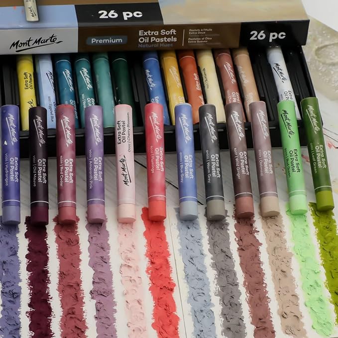 Mont Marte Extra Soft Oil Pastels Natural Hues Premium 26pc, Assorted Natural Colors, Vibrant and Buttery, Versatile Art Pastels for Blending, layering & Shading, Ideal for Coloring and Sketching