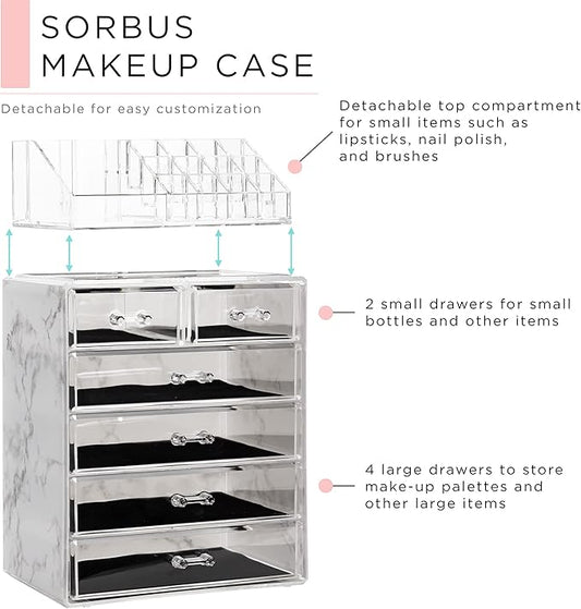 Sorbus Acrylic Makeup Organizer Set, 6-Drawer Vanity & Countertop Cosmetic Storage with Small & Wide Compartments, Marble Print Makeup Storage for Brushes, Jewelry – Holiday Gift for Women & Teens