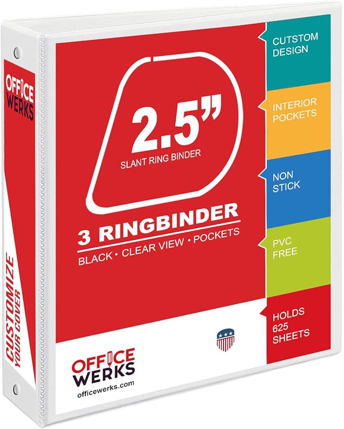 Office Werks 3 Ring Binder, Professional D Ring 2.5 Inch, 12 Presentation Folder for Standard Pages 8.5 x 11 with Pockets, Crystal Clear View White (12 Pack)