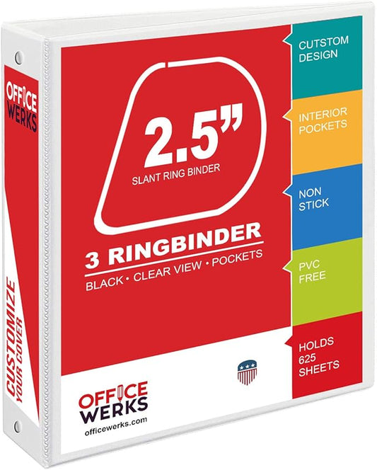 Office Werks 3 Ring Binder, Professional D Ring 2.5 Inch, 12 Presentation Folder for Standard Pages 8.5 x 11 with Pockets, Crystal Clear View White (12 Pack)