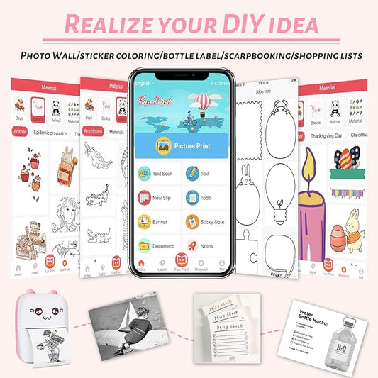 Mini Pocket Printer, Gifts for kids, Portable Thermal Printer for Pictures/Retro-Style Photos/Receipts/Notes/Lists/Label/ Memo/QR Codes, Bluetooth Wireless Smart Printer with Android or iOS APP (PINK)