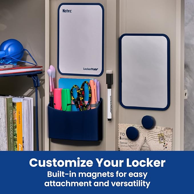 LockerMate 7-Piece Locker Organizer Kit, Includes Locker Shelf, Mirror, Whiteboard, Storage Cup & Dry Erase Marker, Blue
