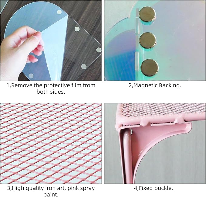 Iridescent Locker Organizer Kit Locker Accessories with Mesh Locker Shelf Back to School Essentials Locker Kit for Girls with Locker Mirror and Pen Holder & Dry Erase Board-Pink
