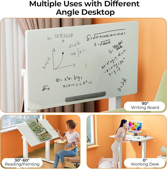 35inch Glass Standing Desk，90° Tiltable Mobile Rising Desk Height Adjustable，Whole Piece Rolling Sit Stand Table with Wheels，Foldable Small Laptop Desk，White
