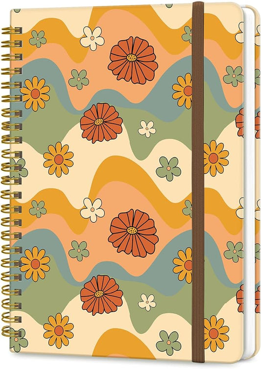 Spiral Journal Notebook, A5 Cute Notebooks for Women Men, College Ruled Hardcover Notebook for Work & Note Taking, 60 Pages Double-Wire Journals for Writing, Retro Boho Flowers