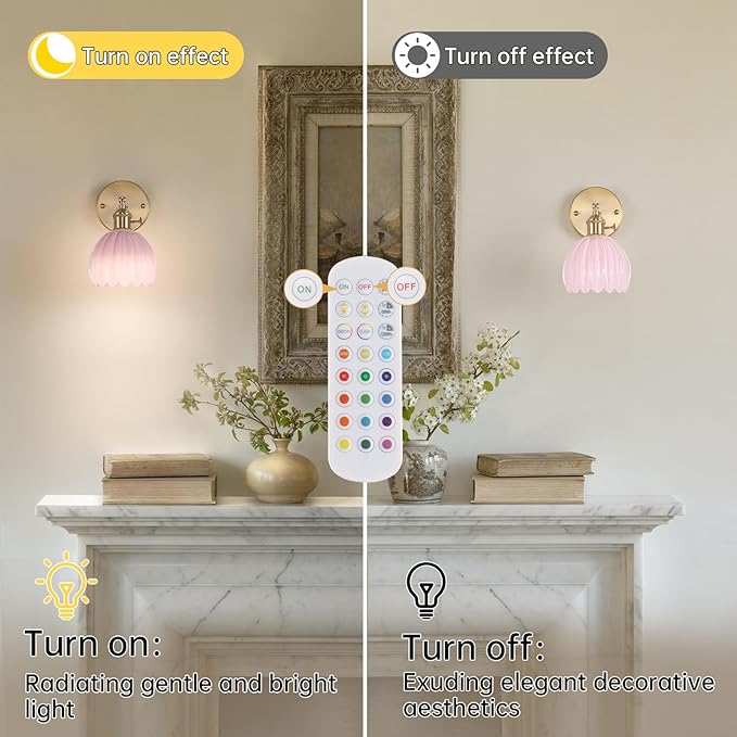 Vintage 5000 mAh Battery Operated Wall Sconce with Pink Tulip Glass Lampshade Rechargeable Battery Powered Wall Light with Remote Control for Bedroom Doorway, Set of 2