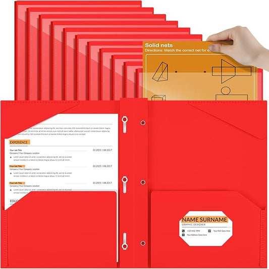 Henoyso 18 Pcs Plastic Folder with Clear Front Pocket and 3 Prong Plastic Folders with Card Slot Pocket Folders with Prongs for School Office (Red)