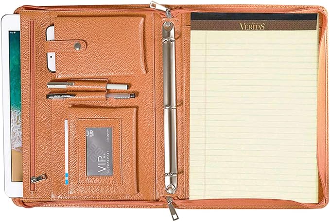 Professional Leather Business Padfolio Portfolio Case, 3 Ring Binder,Zippered Business Document Organizer Tablet Holder Folder Case,with Letter Size Notepad (Brown)